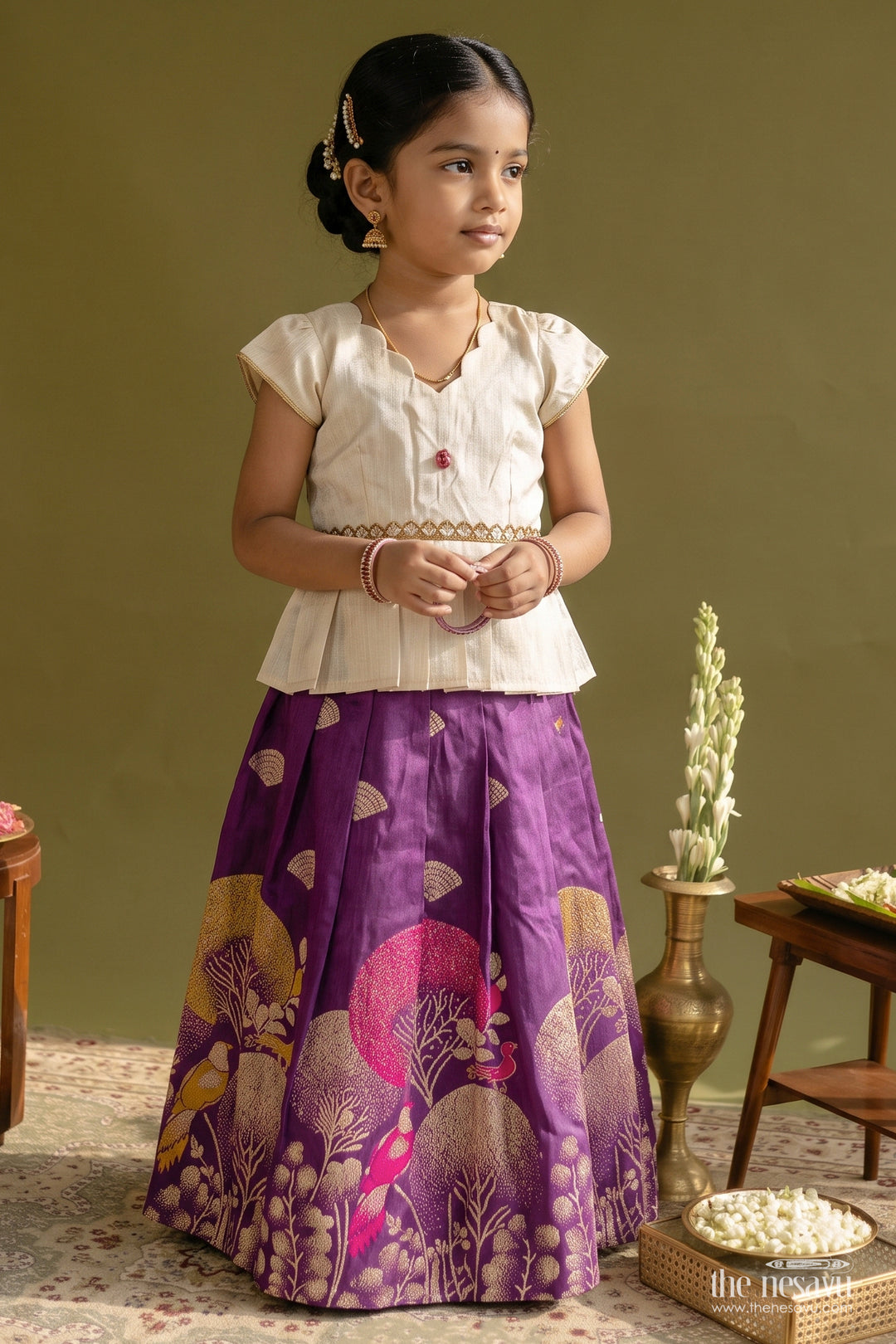 Silk Pavadai Sattai in Off White for Celebrations and Photos