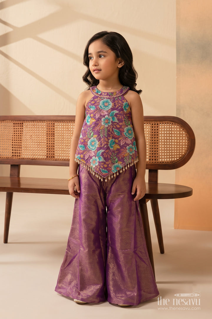 Girls Sharara Set in Purple with Thread Embroidery