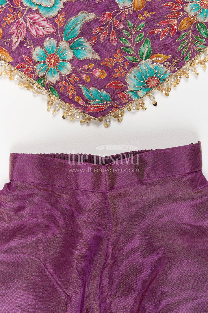 Girls Sharara Set in Purple with Thread Embroidery