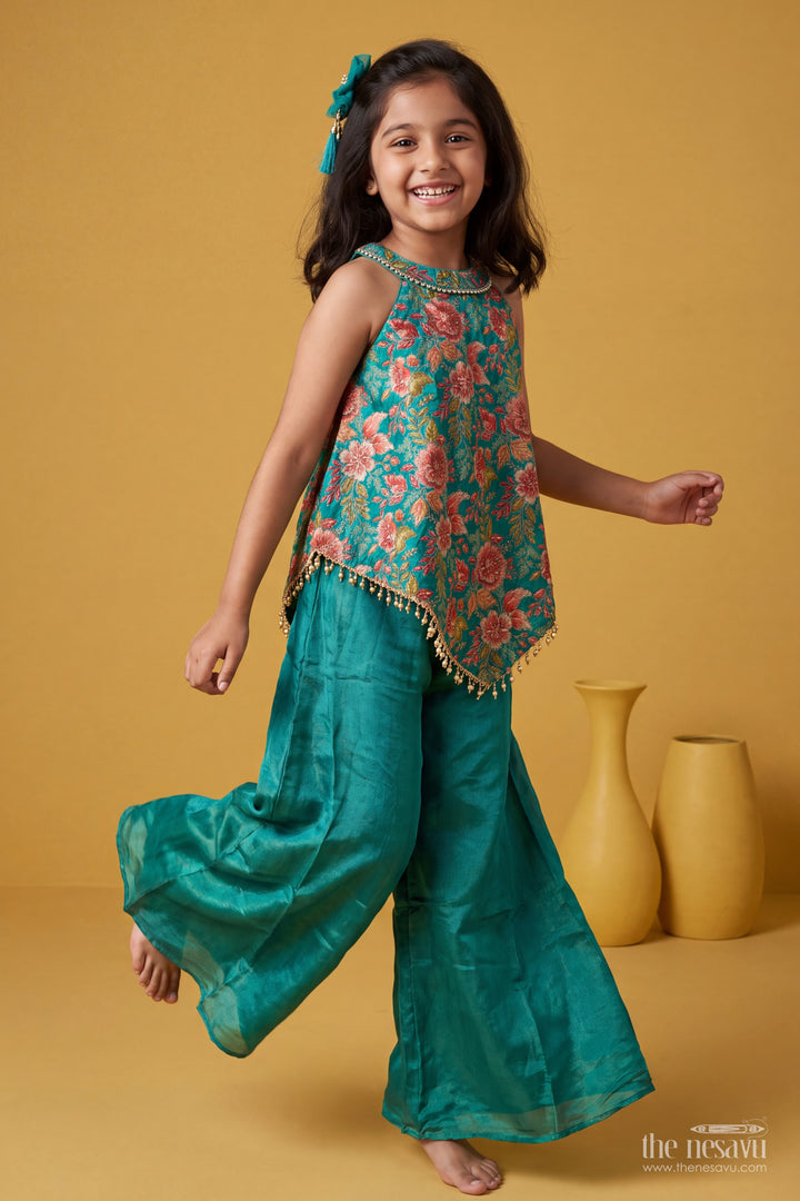 Girls Emerald Green Viscose Blend Silk Handkerchief Halter Palazzo Set