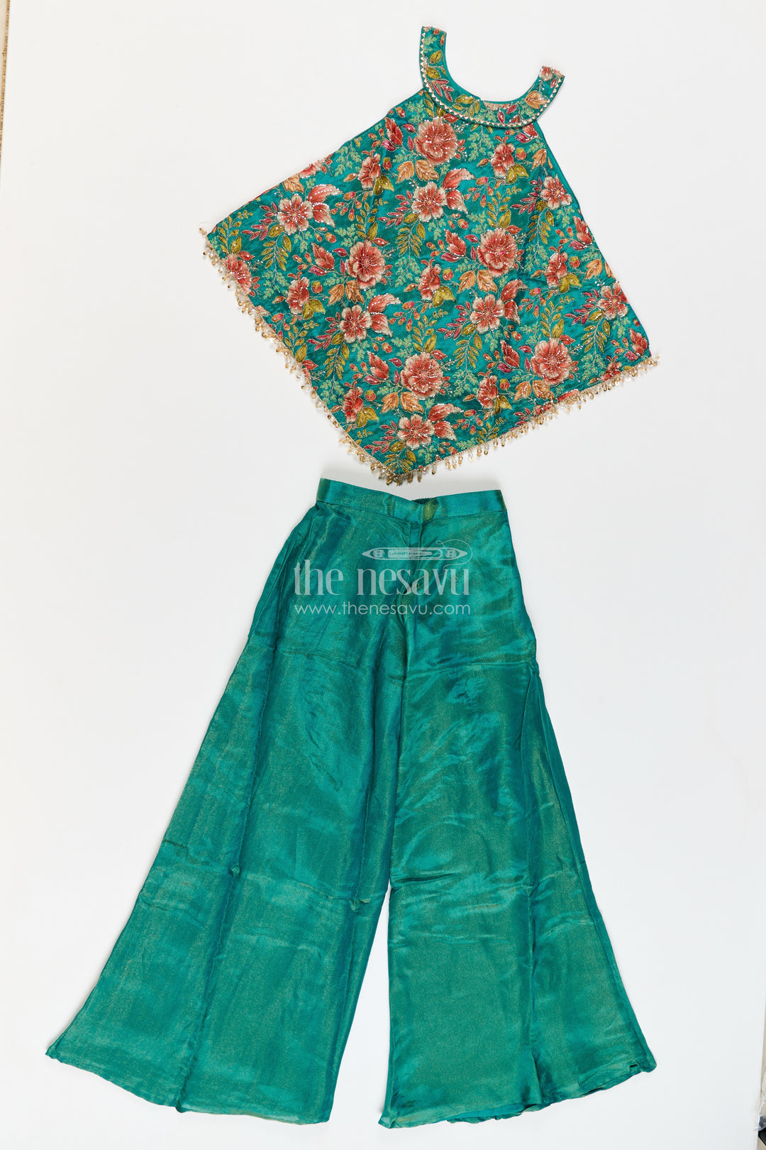 Girls Emerald Green Viscose Blend Silk Handkerchief Halter Palazzo Set