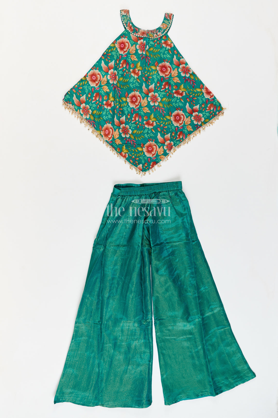 Girls Emerald Green Viscose Blend Silk Handkerchief Halter Palazzo Set