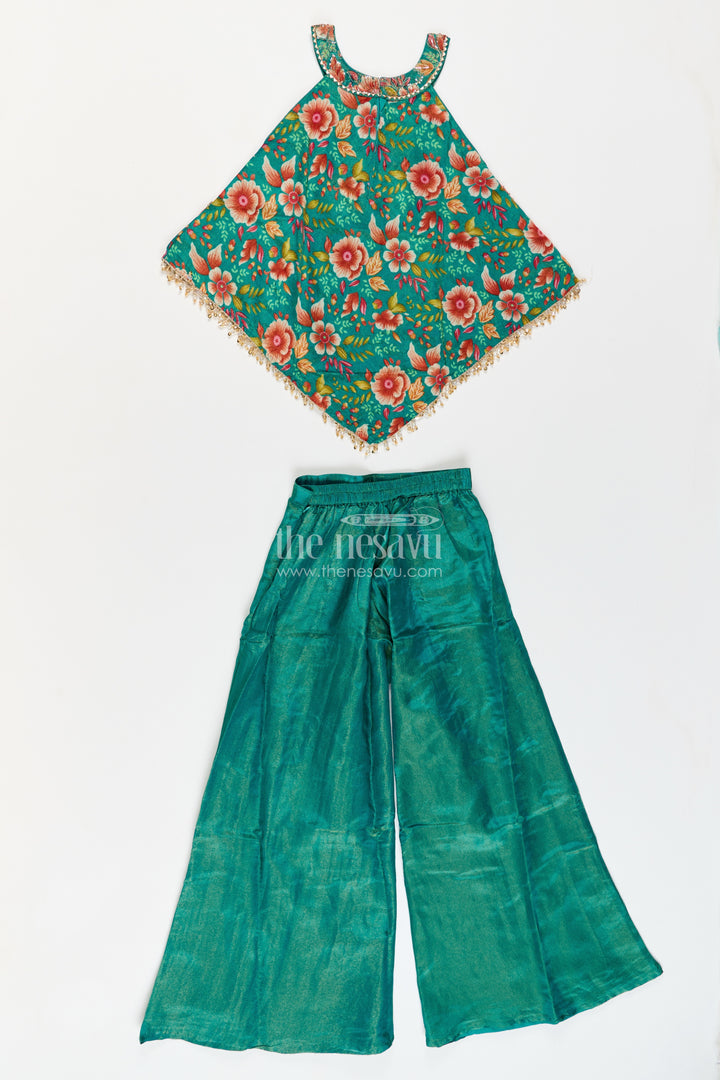 Girls Emerald Green Viscose Blend Silk Handkerchief Halter Palazzo Set