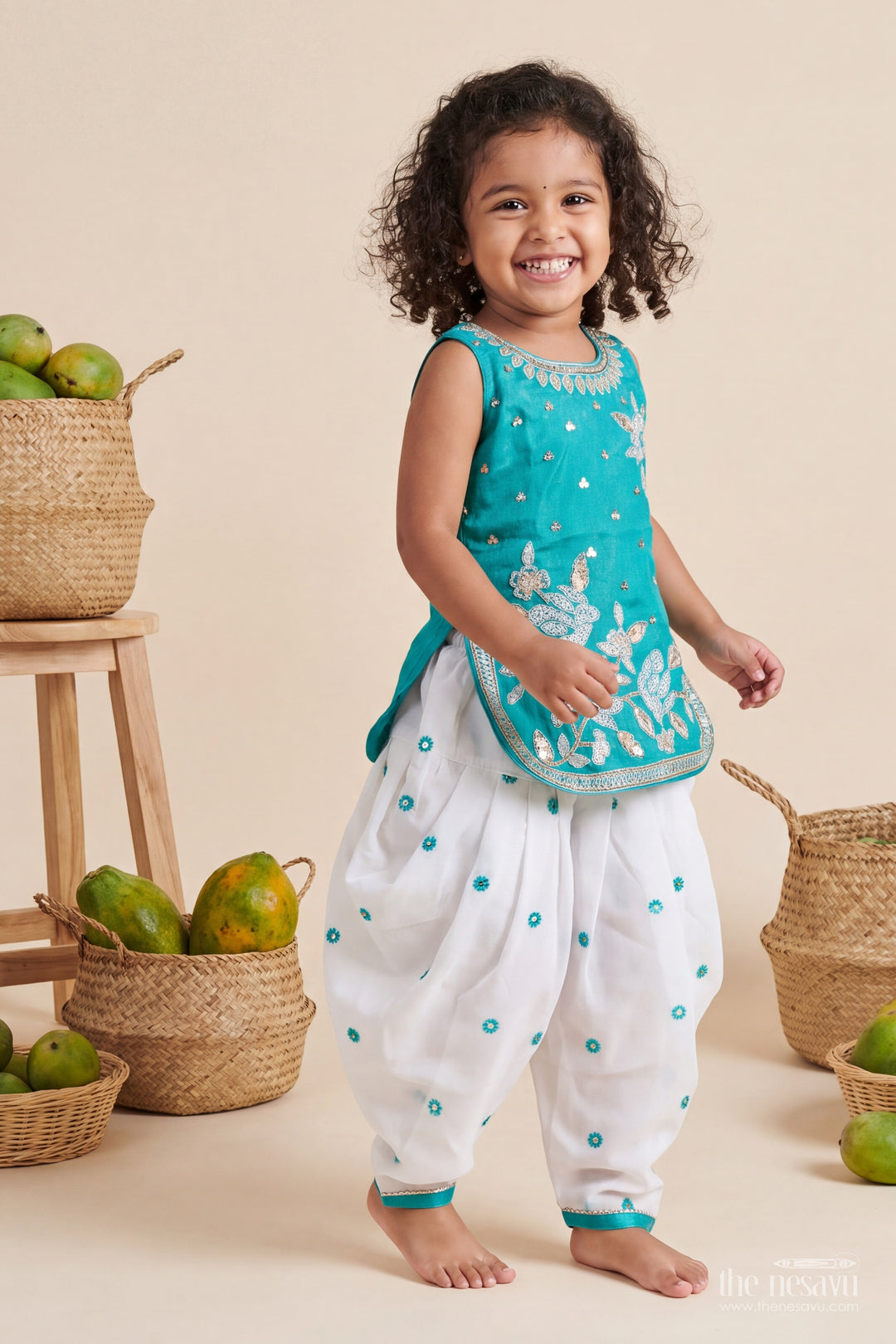 Girls Viscose Georgette Salwar Suit in Teal with Leaf Branch