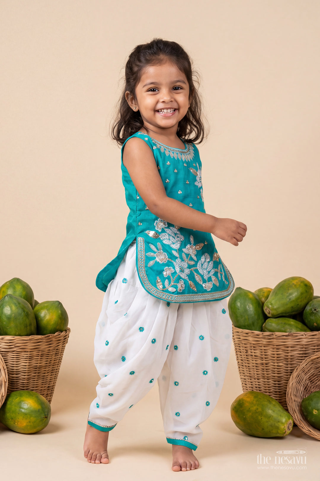 Girls Viscose Georgette Salwar Suit in Teal with Leaf Branch