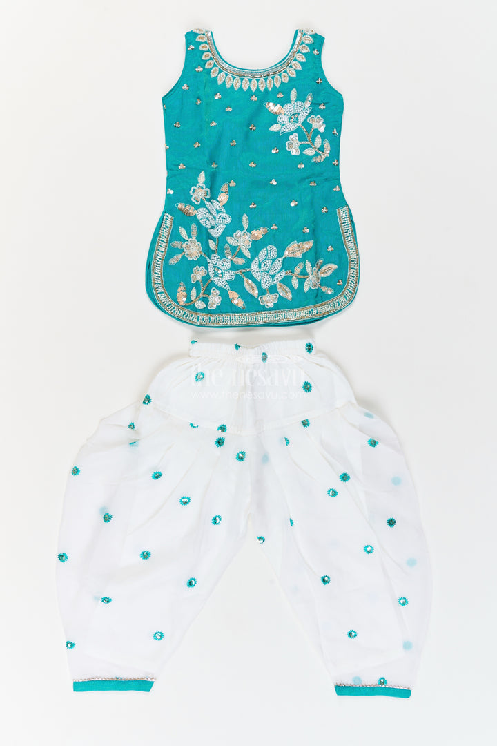 Girls Viscose Georgette Salwar Suit in Teal with Leaf Branch