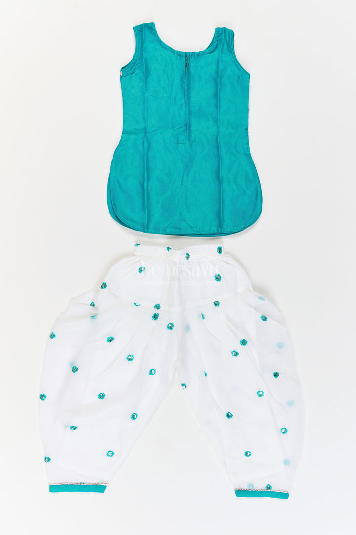 Girls Viscose Georgette Salwar Suit in Teal with Leaf Branch