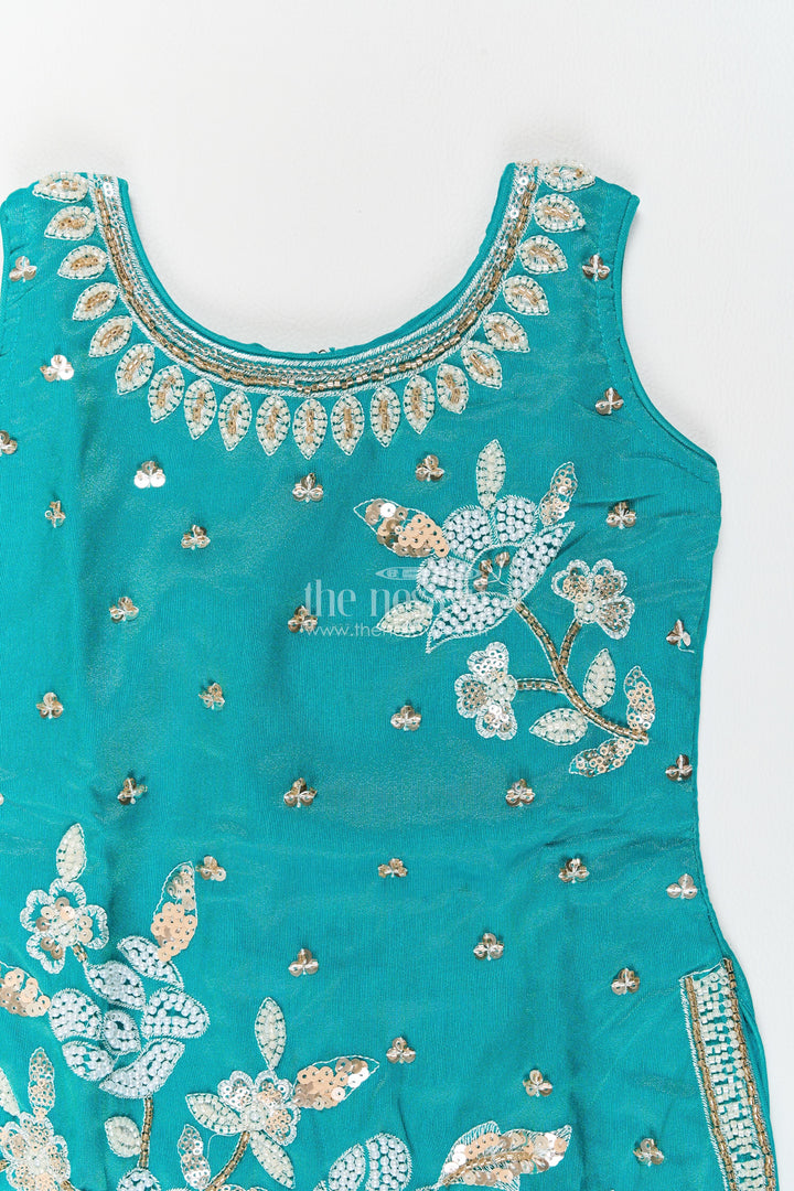 Girls Viscose Georgette Salwar Suit in Teal with Leaf Branch