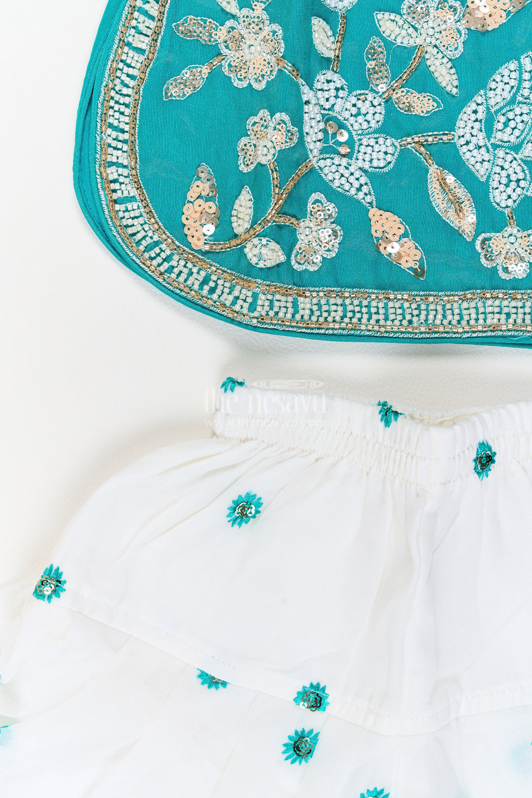 Girls Viscose Georgette Salwar Suit in Teal with Leaf Branch