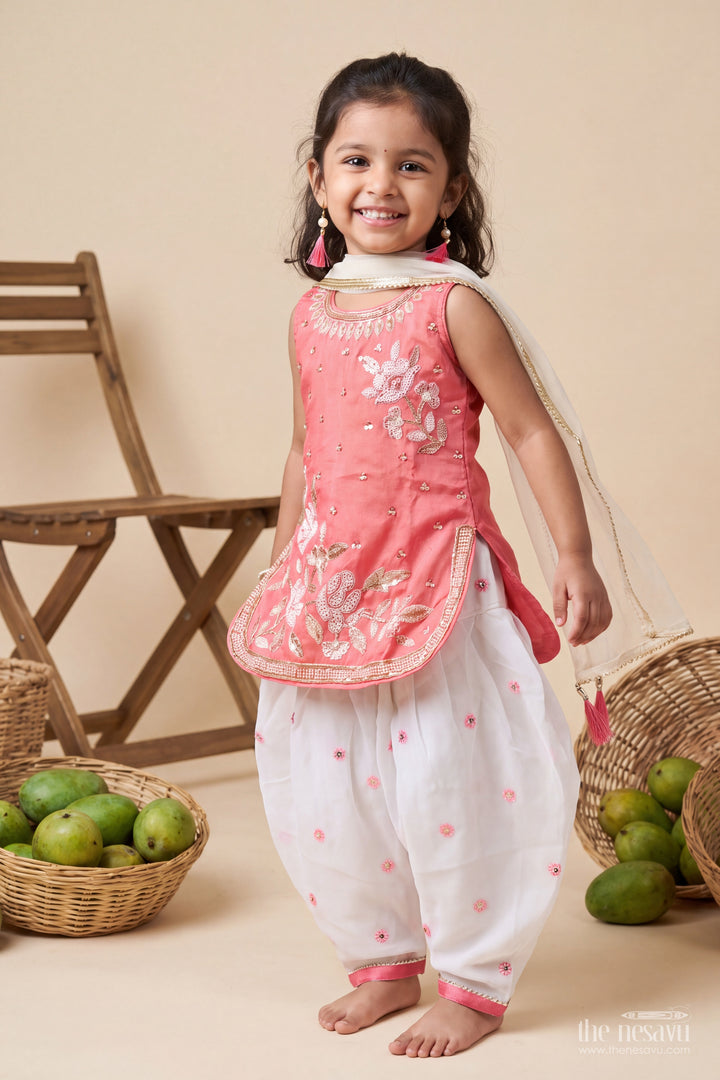 Girls Rose Pink Viscose Georgette Silver Leaf Salwar Suit