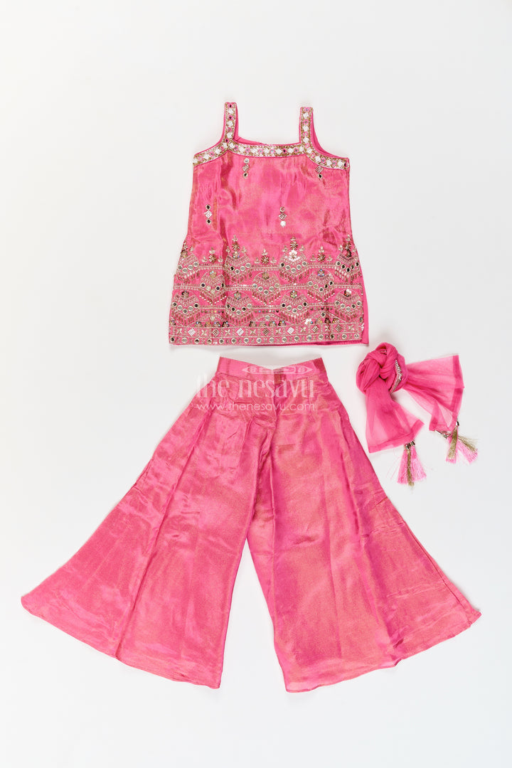 Girls Magenta Pink Mirror Panel Viscose Blend Silk Palazzo Set