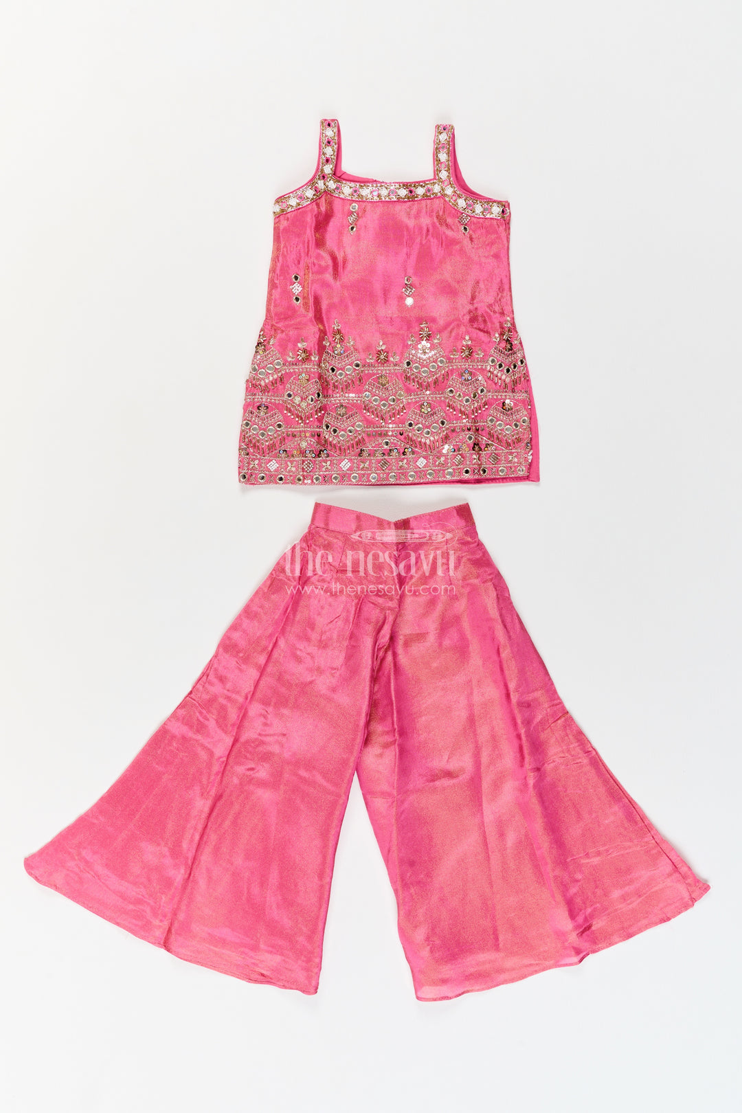 Girls Magenta Pink Mirror Panel Viscose Blend Silk Palazzo Set