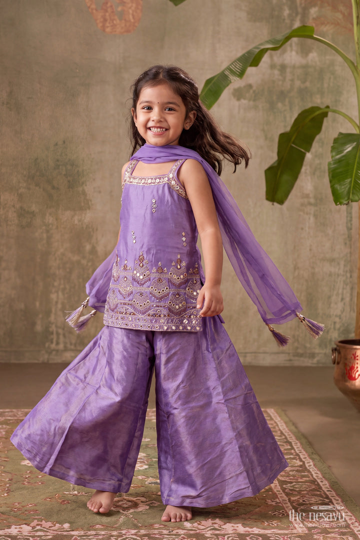 Girls Viscose Blend Silk Palazzo Set in Muted Purple with Geometric Mirror
