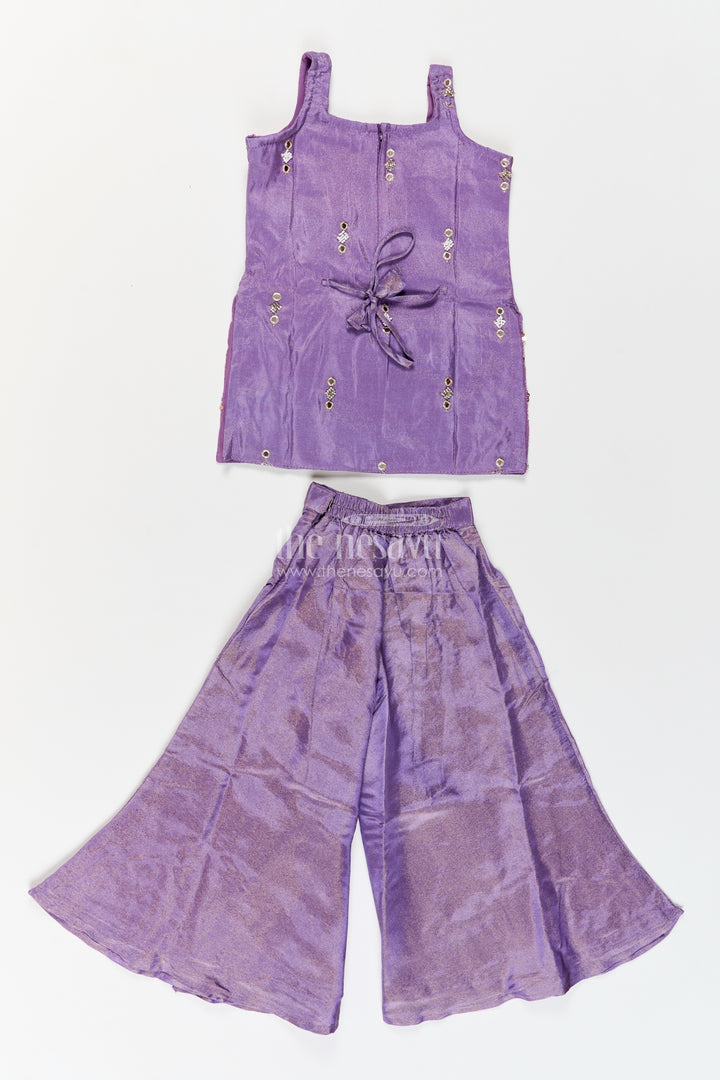 Girls Viscose Blend Silk Palazzo Set in Muted Purple with Geometric Mirror