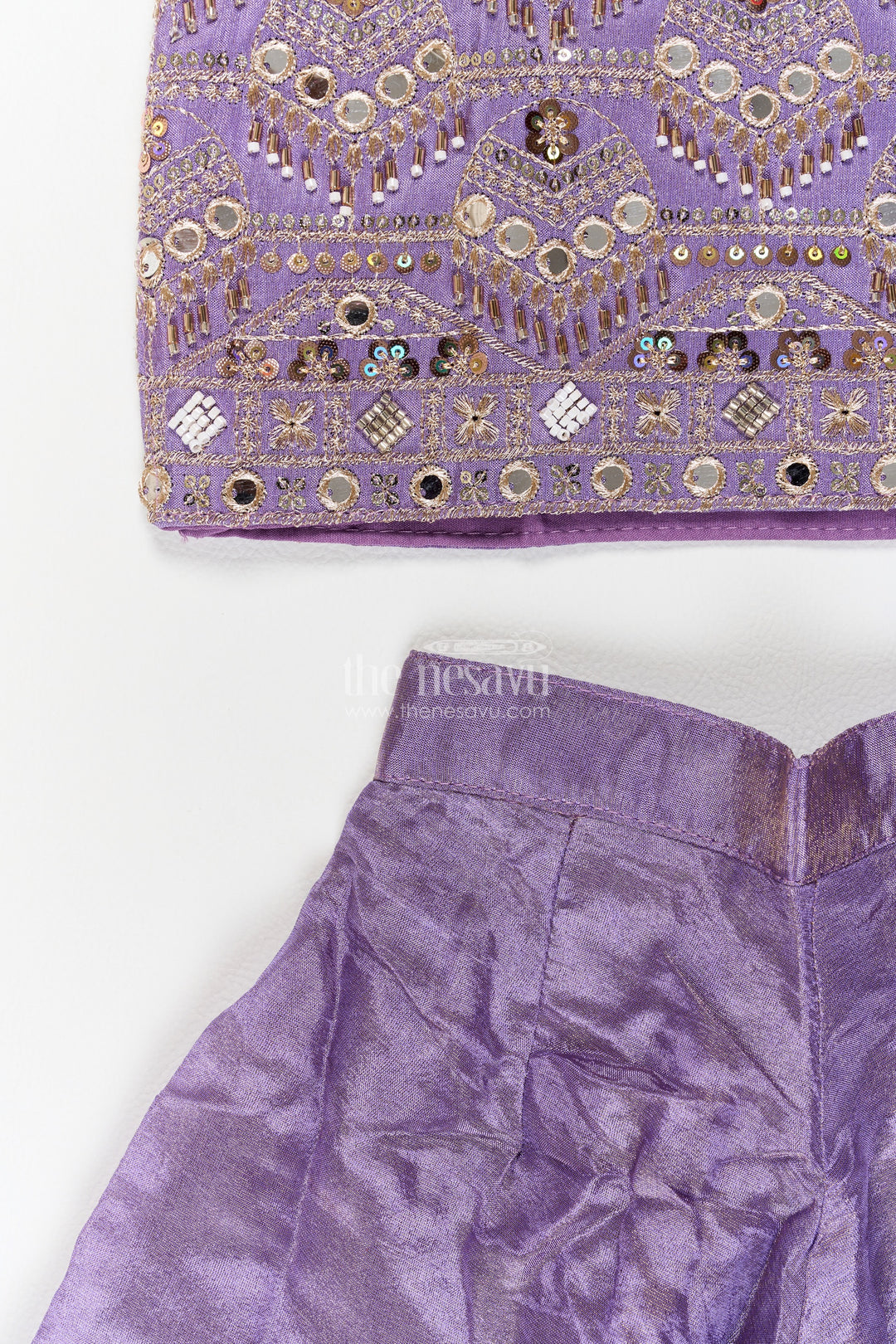Girls Viscose Blend Silk Palazzo Set in Muted Purple with Geometric Mirror