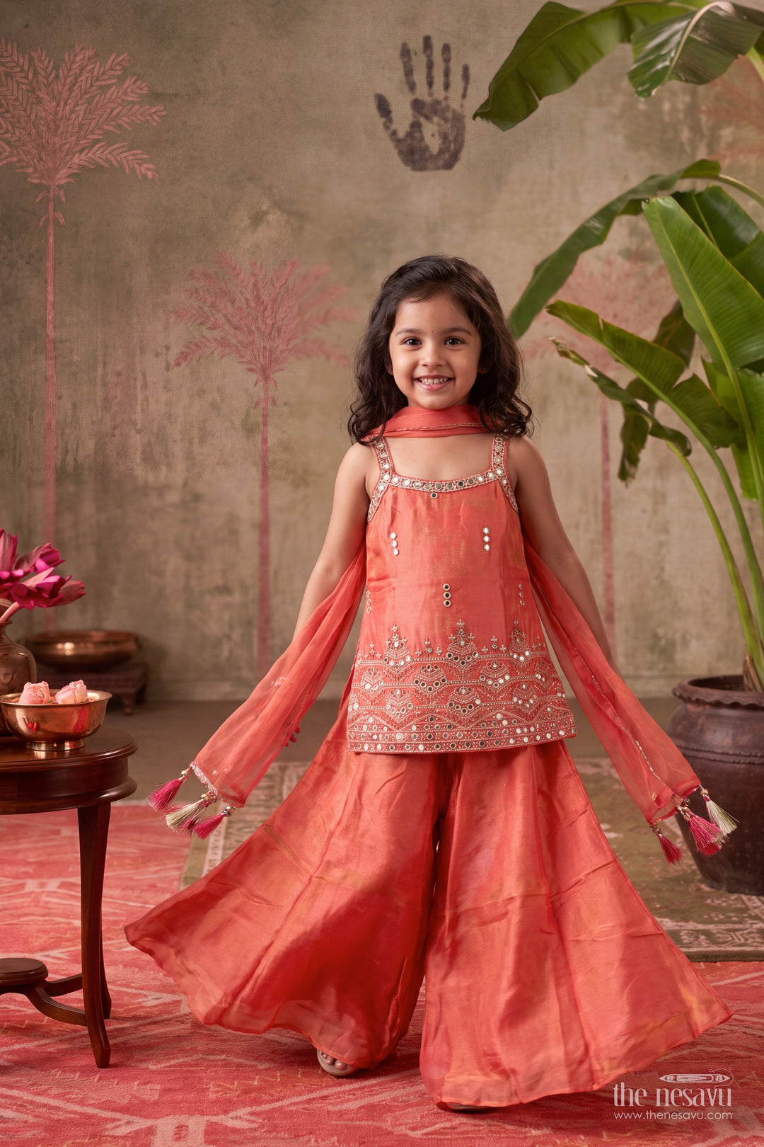 Girls Rust Orange Viscose Blend Silk Wavy Mirror Border Palazzo Set