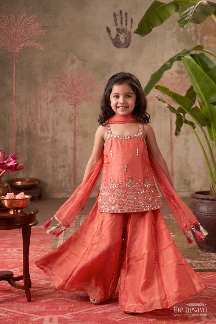 Girls Rust Orange Viscose Blend Silk Wavy Mirror Border Palazzo Set