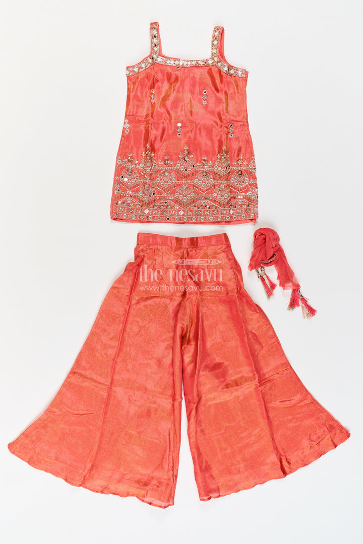 Girls Rust Orange Viscose Blend Silk Wavy Mirror Border Palazzo Set