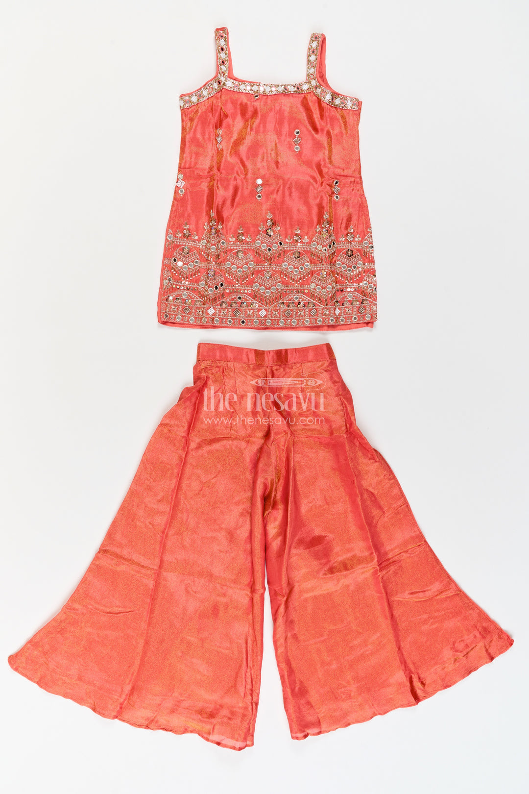 Girls Rust Orange Viscose Blend Silk Wavy Mirror Border Palazzo Set