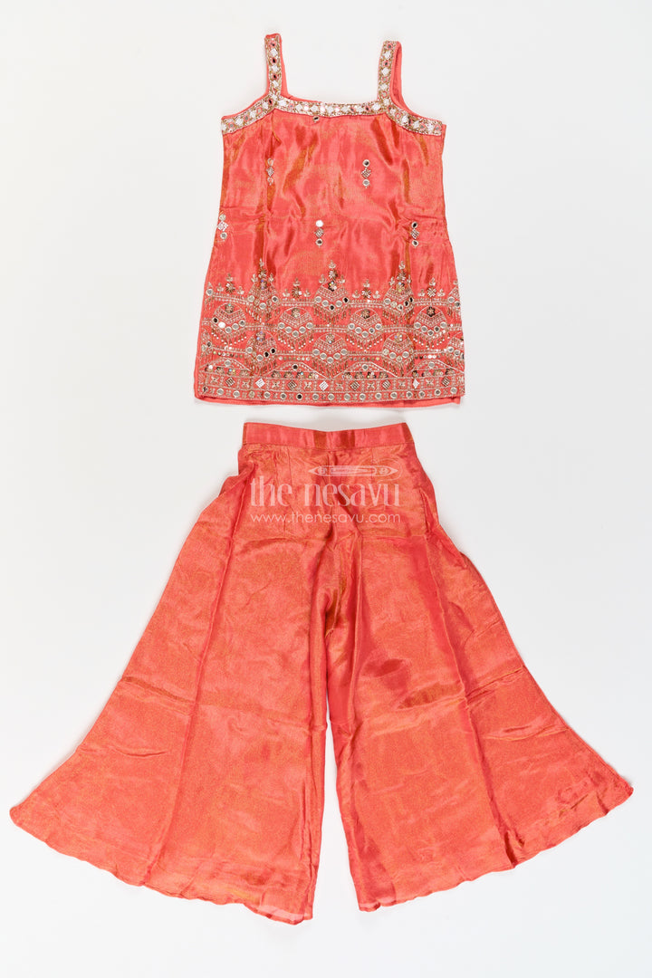 Girls Rust Orange Viscose Blend Silk Wavy Mirror Border Palazzo Set