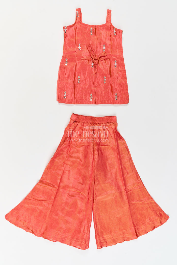 Girls Rust Orange Viscose Blend Silk Wavy Mirror Border Palazzo Set