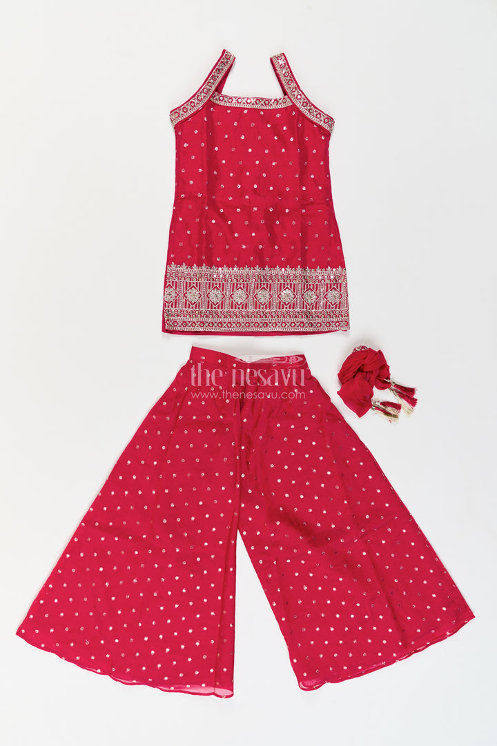 Girls Deep Raspberry Dotted Geometric Border Georgette Palazzo Set