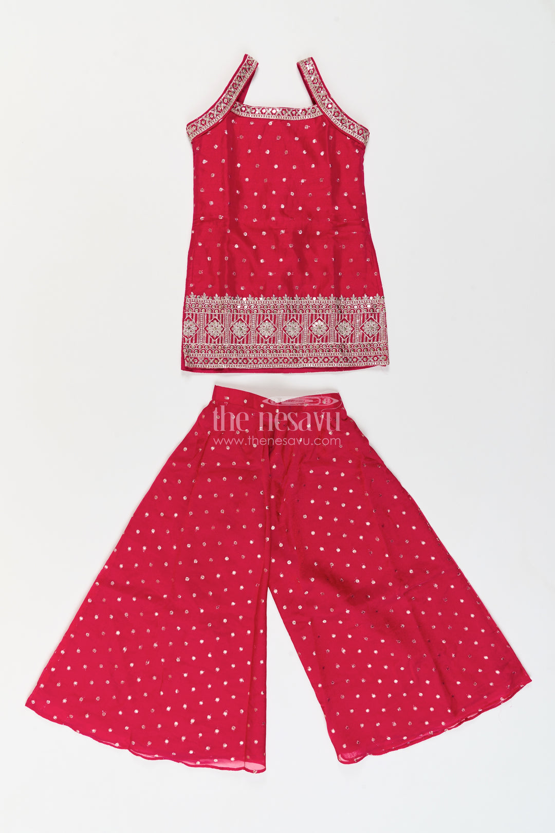 Girls Deep Raspberry Dotted Geometric Border Georgette Palazzo Set