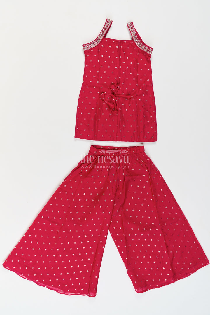 Girls Deep Raspberry Dotted Geometric Border Georgette Palazzo Set