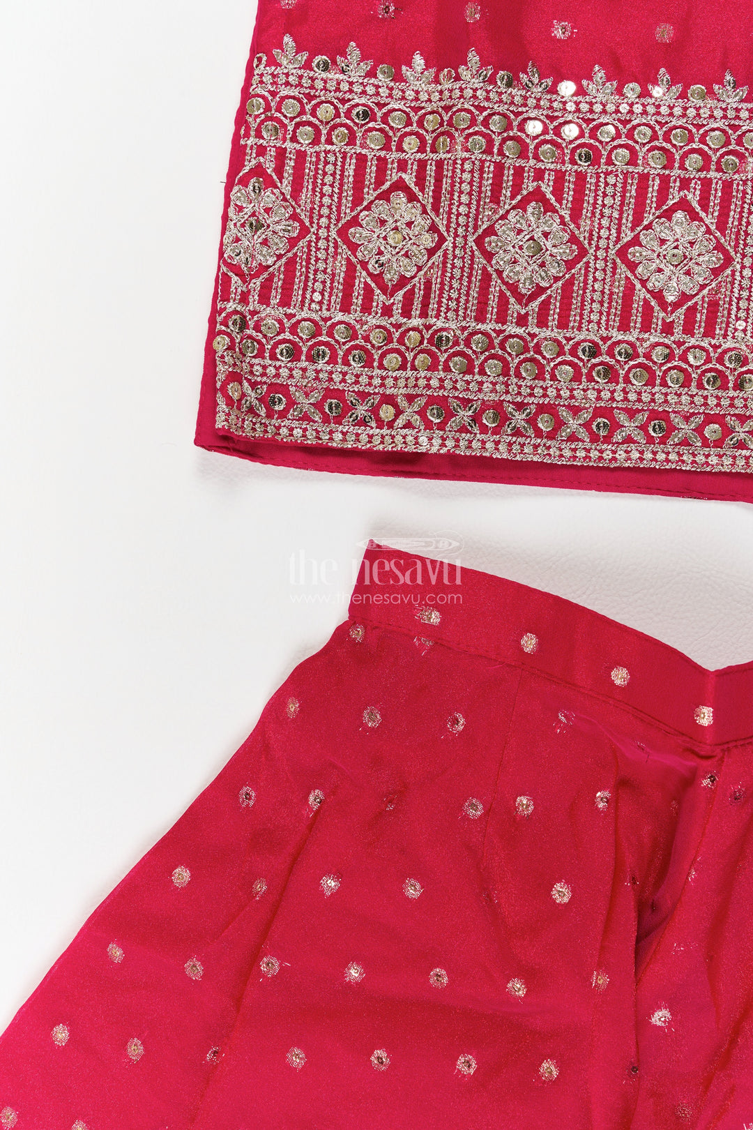 Girls Deep Raspberry Dotted Geometric Border Georgette Palazzo Set