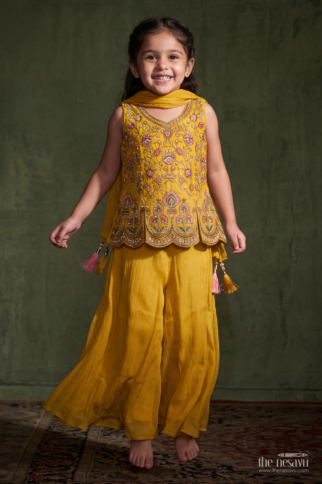 Girls Georgette Palazzo Set in Mustard Yellow with Scalloped Floral