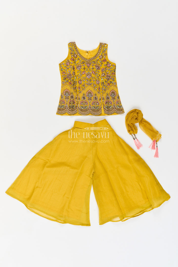 Girls Georgette Palazzo Set in Mustard Yellow with Scalloped Floral