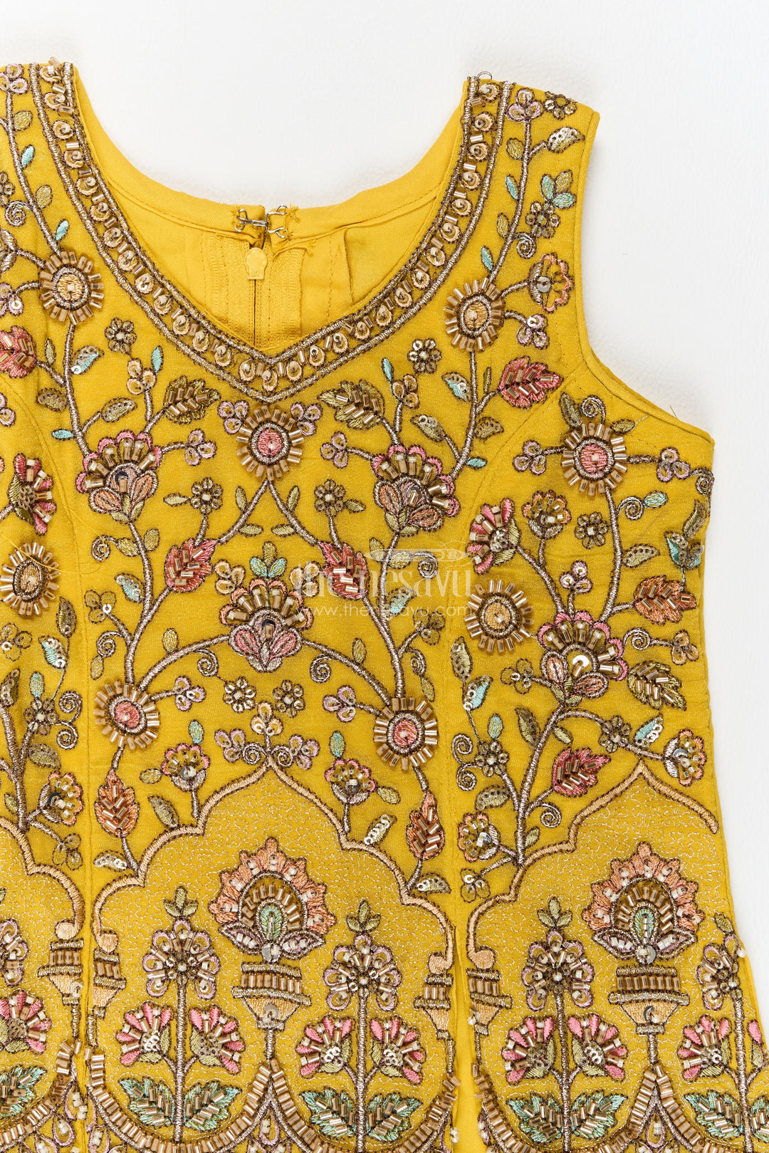 Girls Georgette Palazzo Set in Mustard Yellow with Scalloped Floral