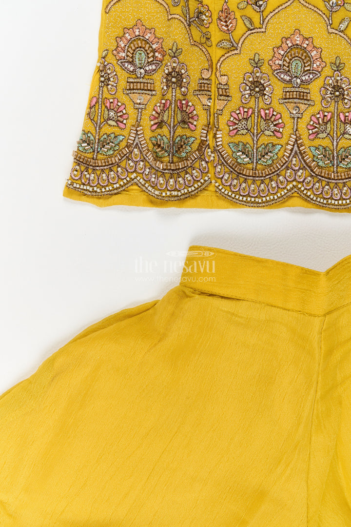 Girls Georgette Palazzo Set in Mustard Yellow with Scalloped Floral