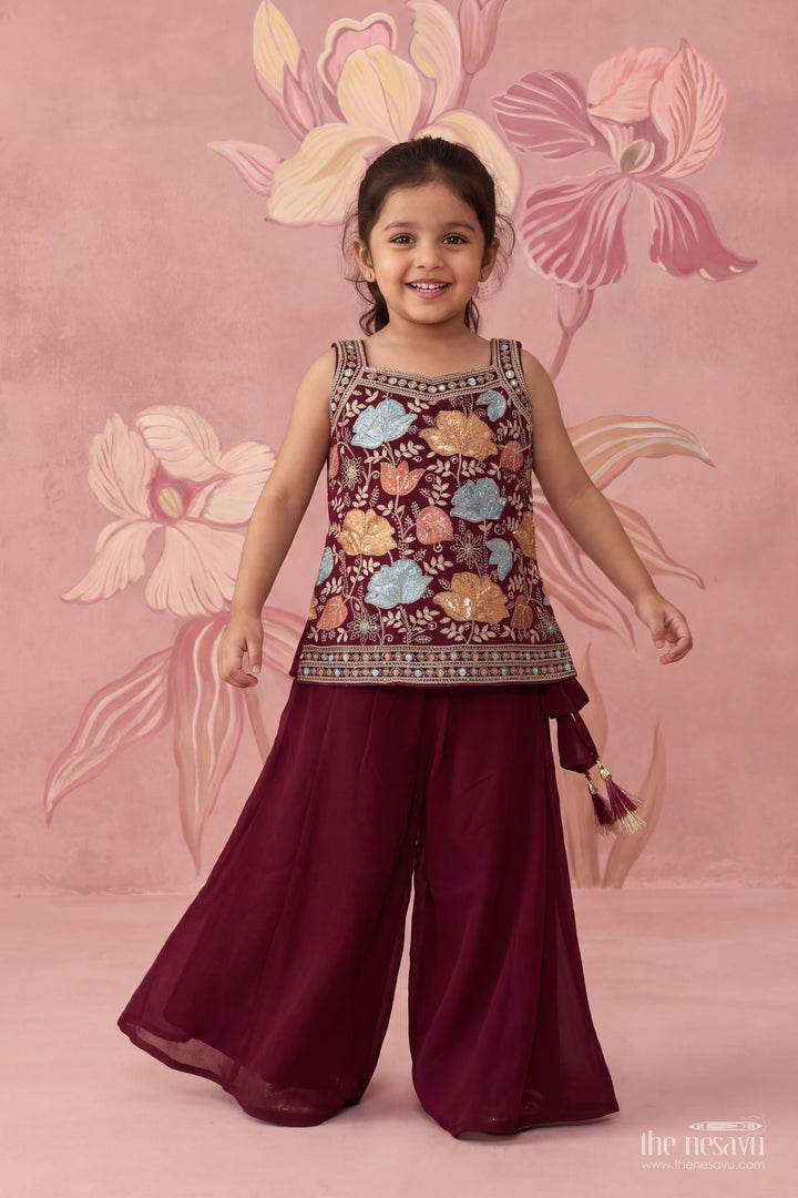 Girls Deep Plum Georgette Pastel Flower Panel Palazzo Set