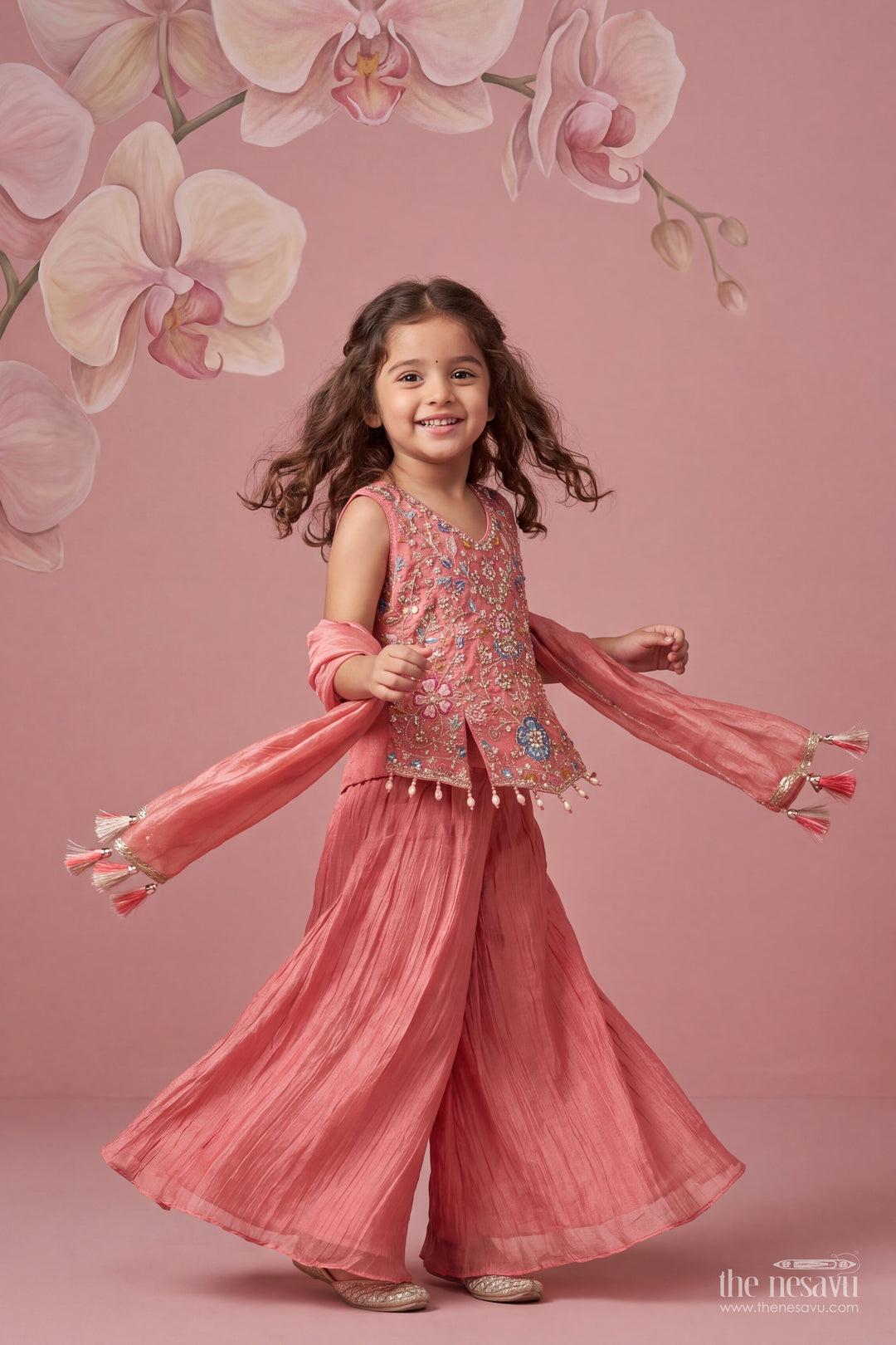 Girls Coral Pink Pointed Floral Top Viscose Georgette Palazzo Set