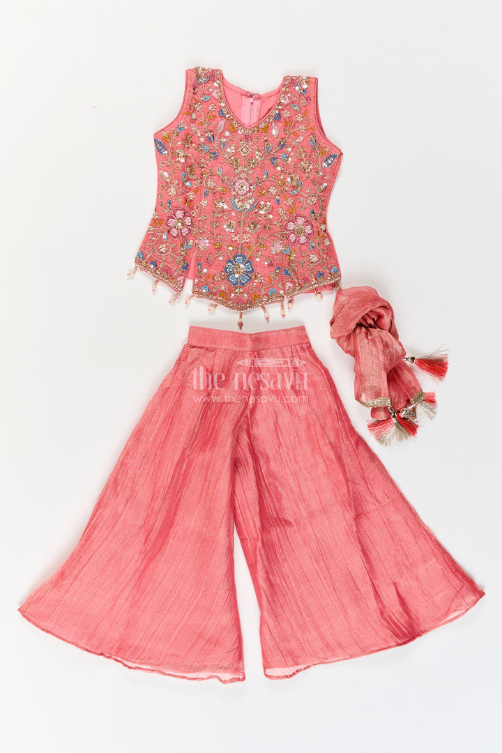 Girls Coral Pink Pointed Floral Top Viscose Georgette Palazzo Set