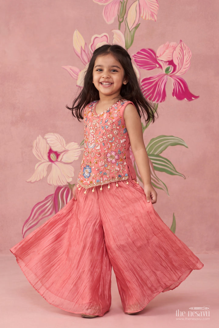 Girls Coral Pink Pointed Floral Top Viscose Georgette Palazzo Set