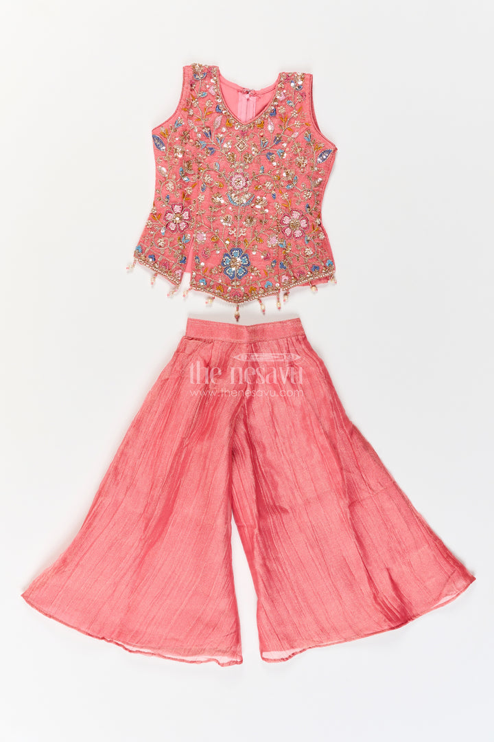 Girls Coral Pink Pointed Floral Top Viscose Georgette Palazzo Set