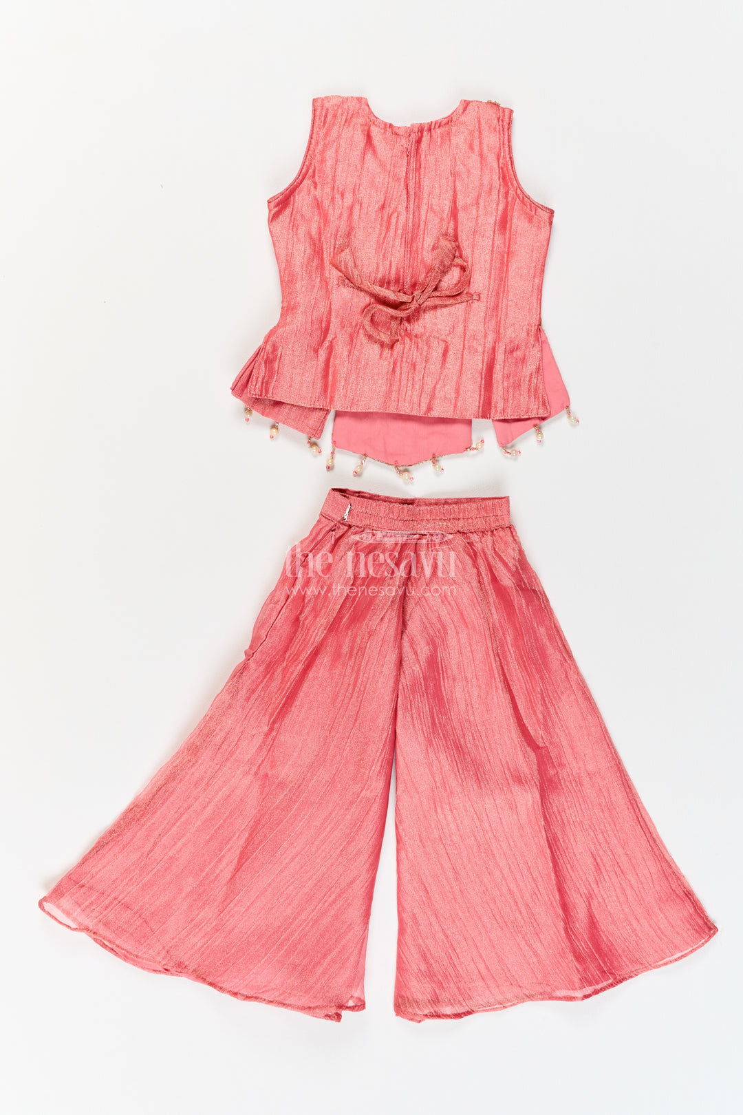 Girls Coral Pink Pointed Floral Top Viscose Georgette Palazzo Set