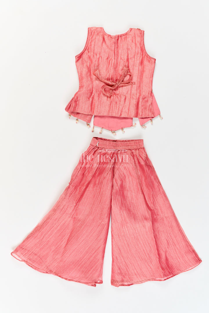 Girls Coral Pink Pointed Floral Top Viscose Georgette Palazzo Set
