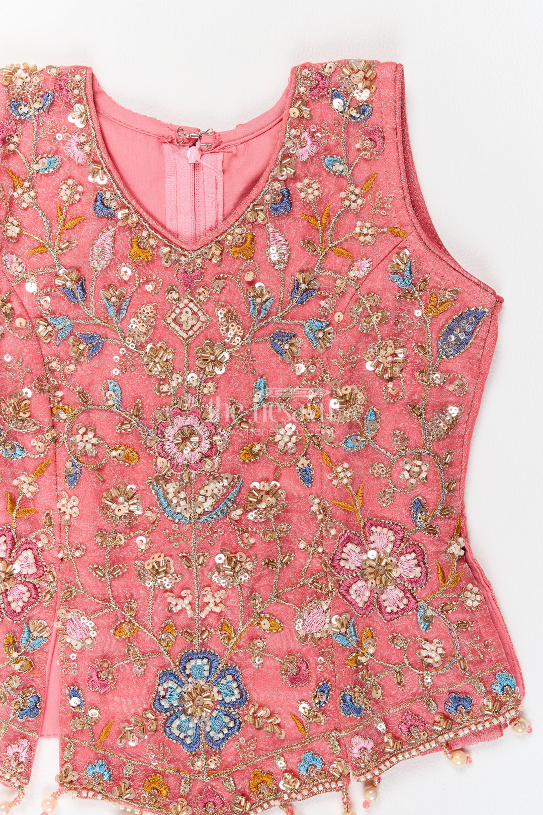 Girls Coral Pink Pointed Floral Top Viscose Georgette Palazzo Set