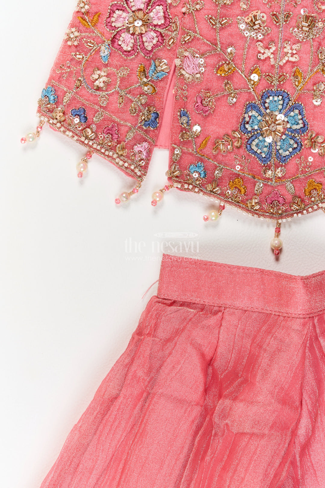 Girls Coral Pink Pointed Floral Top Viscose Georgette Palazzo Set