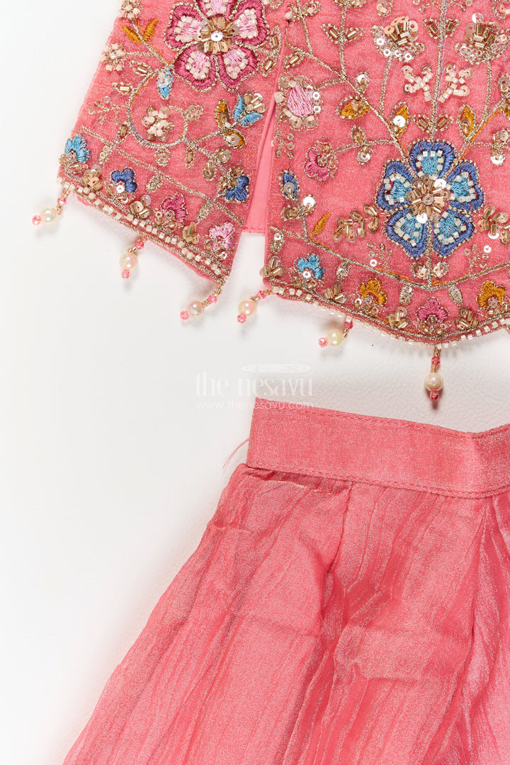 Girls Coral Pink Pointed Floral Top Viscose Georgette Palazzo Set