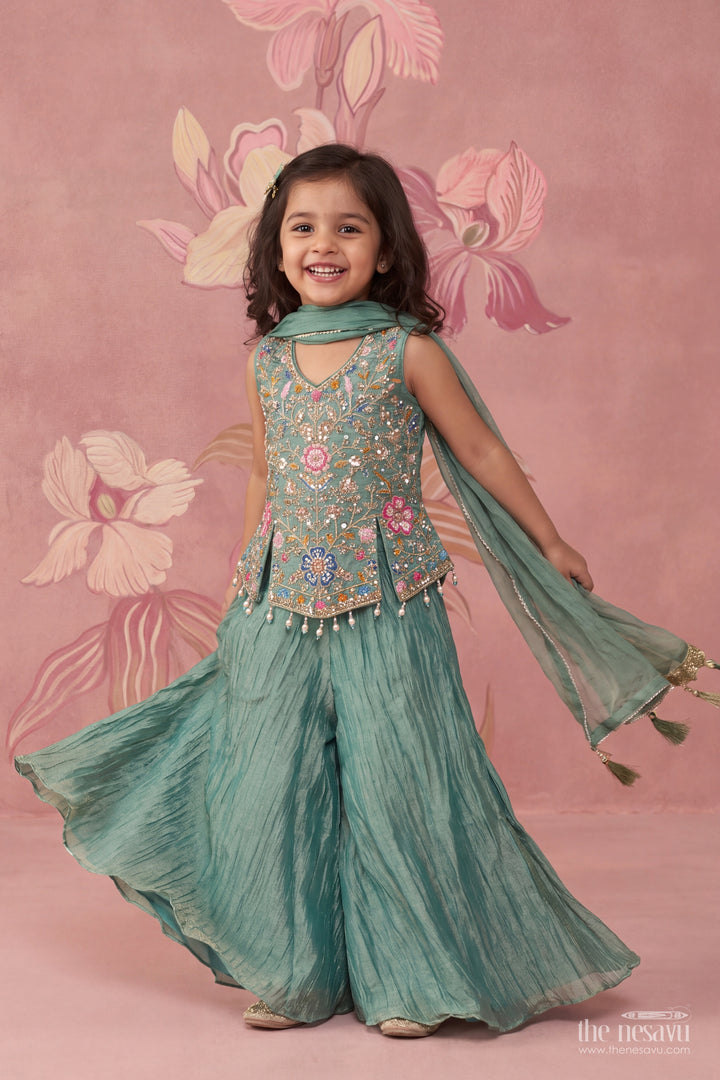 Girls Sage Green Embroidered Pointed Top Palazzo Set