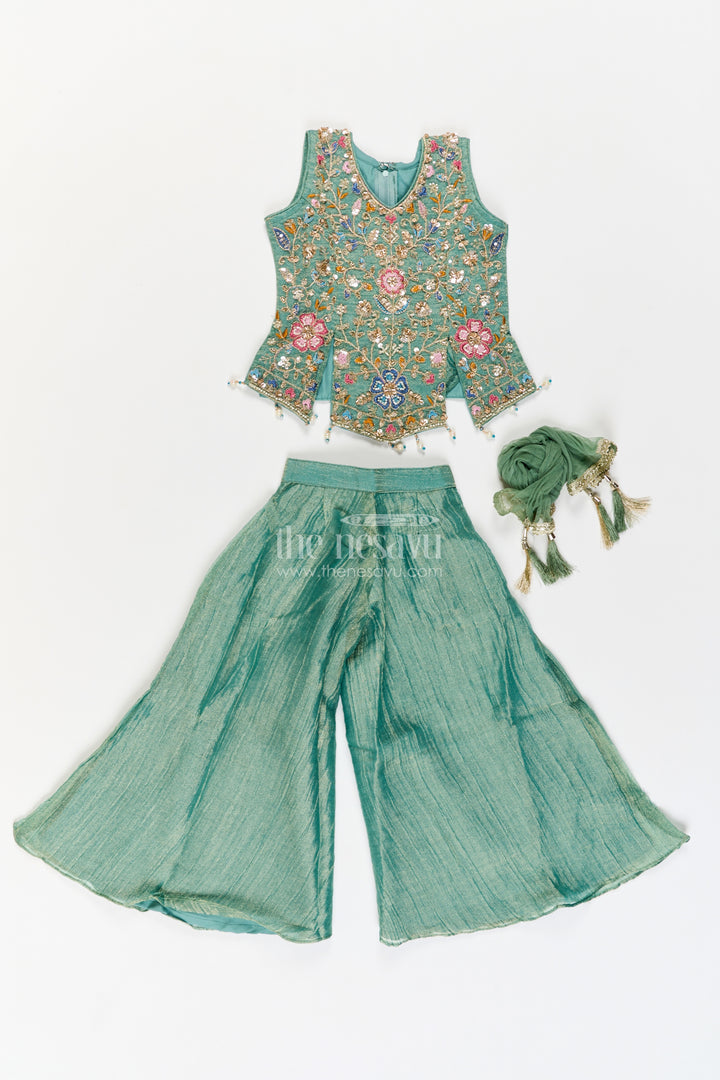 Girls Sage Green Embroidered Pointed Top Palazzo Set