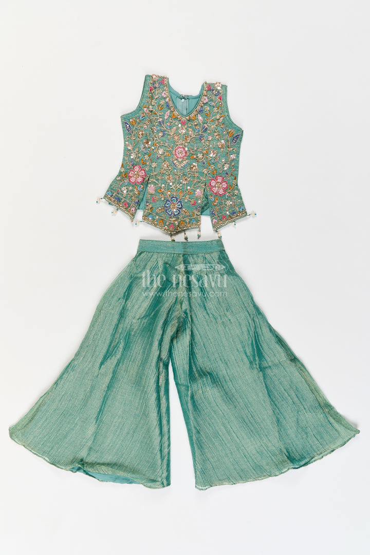 Girls Sage Green Embroidered Pointed Top Palazzo Set