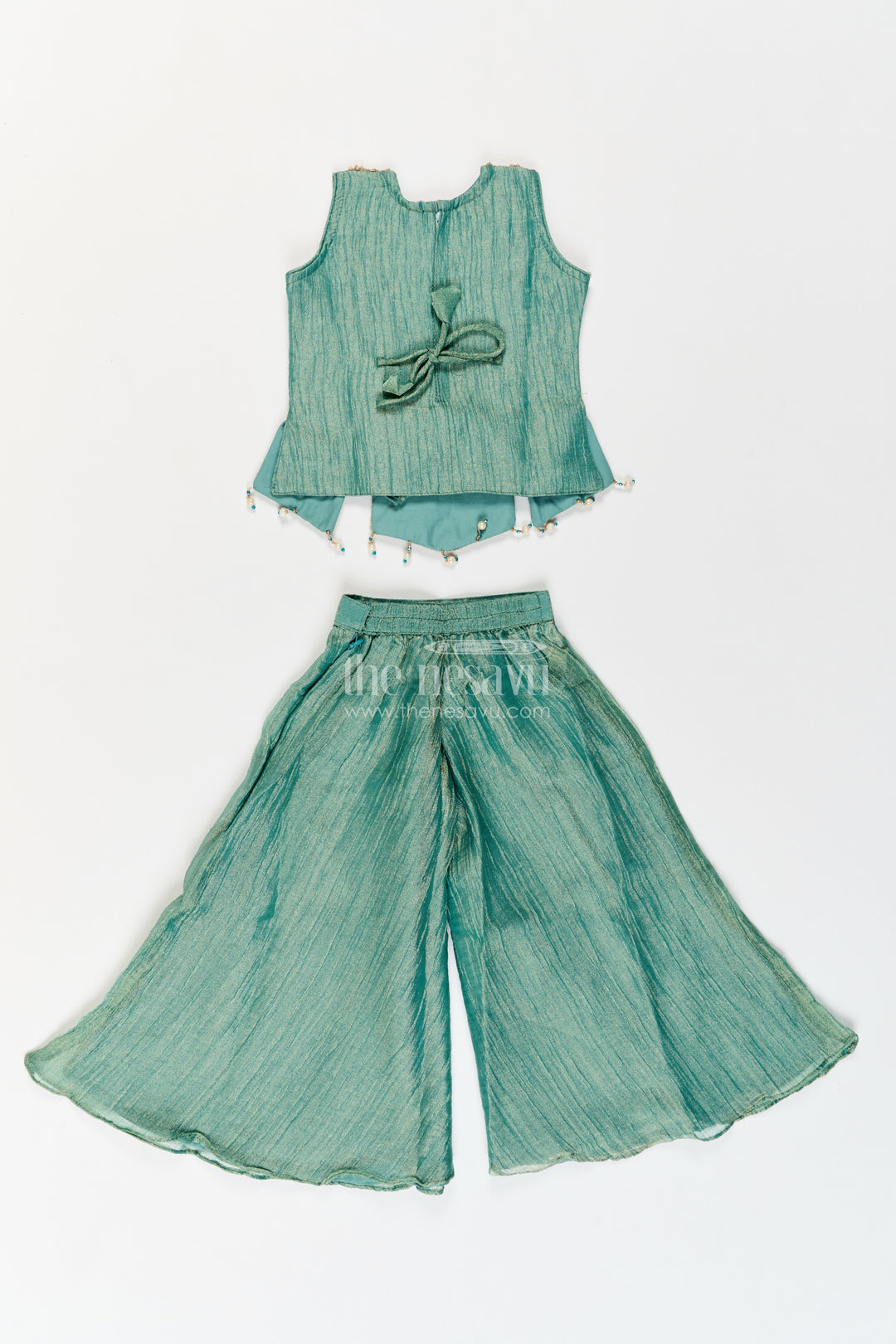 Girls Sage Green Embroidered Pointed Top Palazzo Set