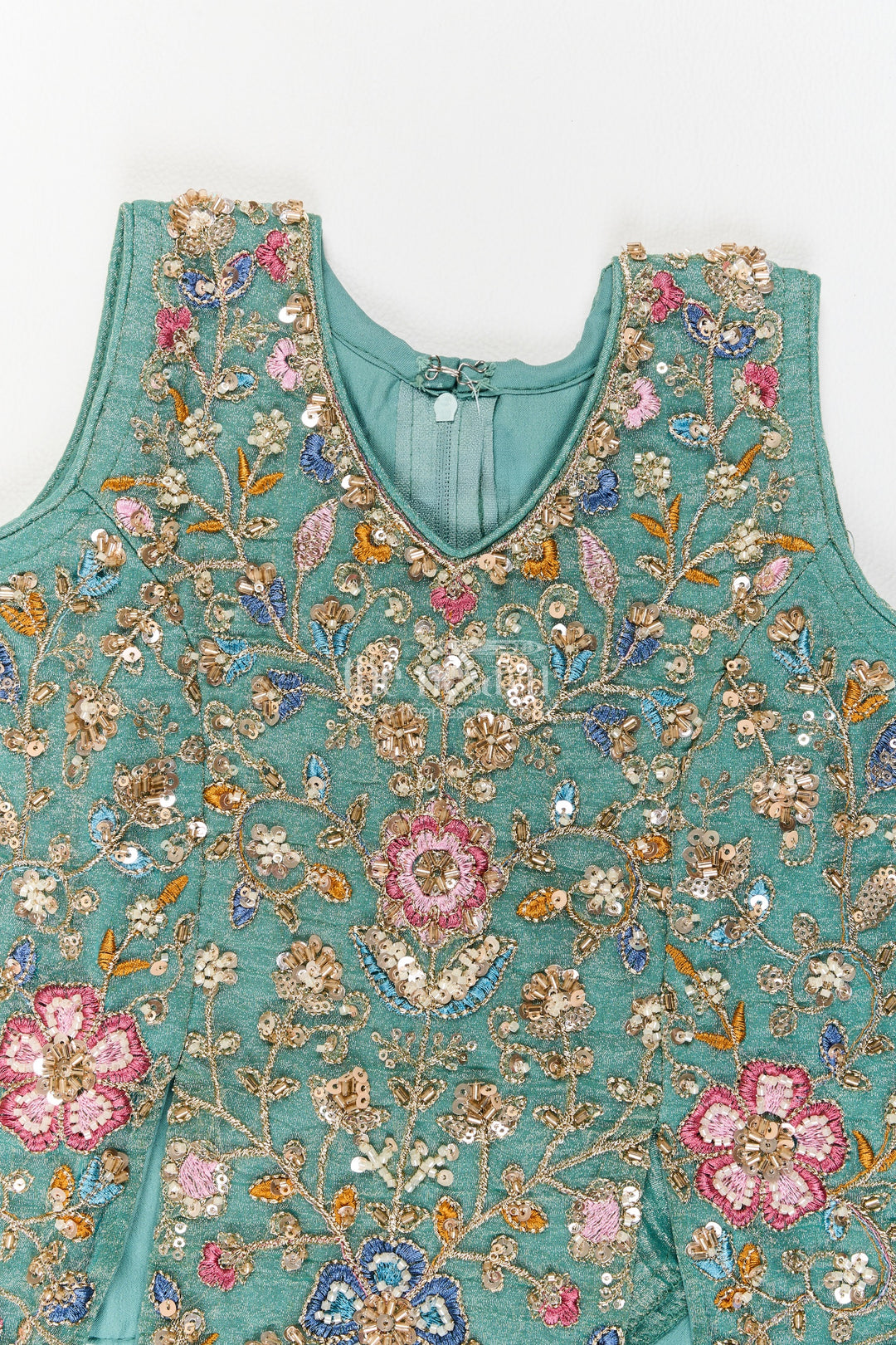 Girls Sage Green Embroidered Pointed Top Palazzo Set