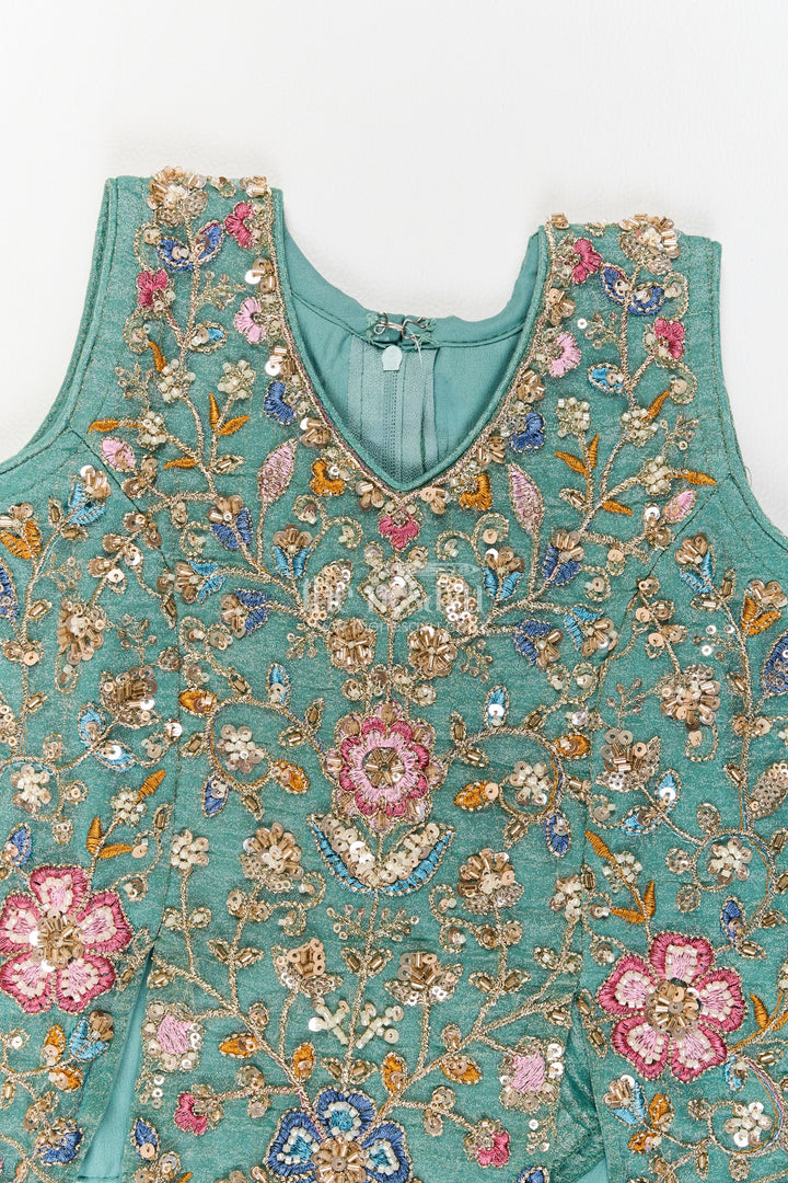 Girls Sage Green Embroidered Pointed Top Palazzo Set