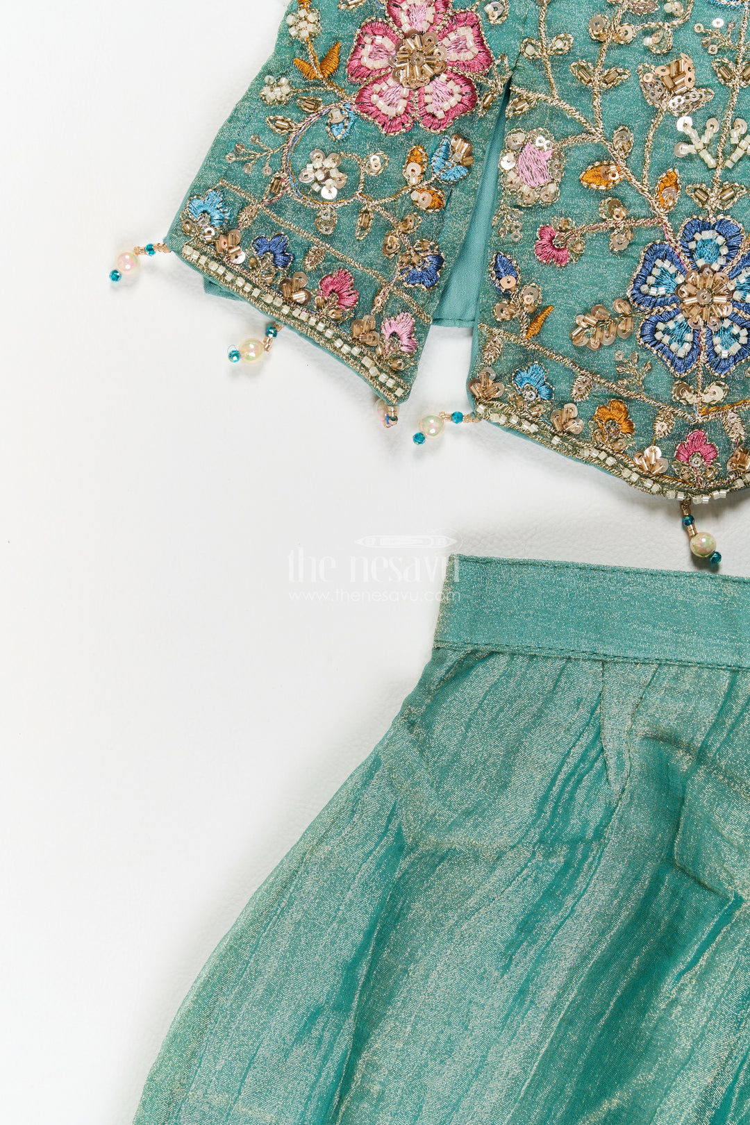 Girls Sage Green Embroidered Pointed Top Palazzo Set